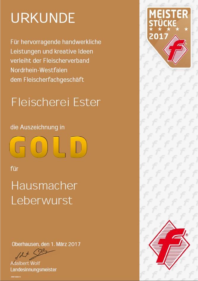 Auszeichnungen Urkunde Meisterstücke 2017 Fleischerei Ester
