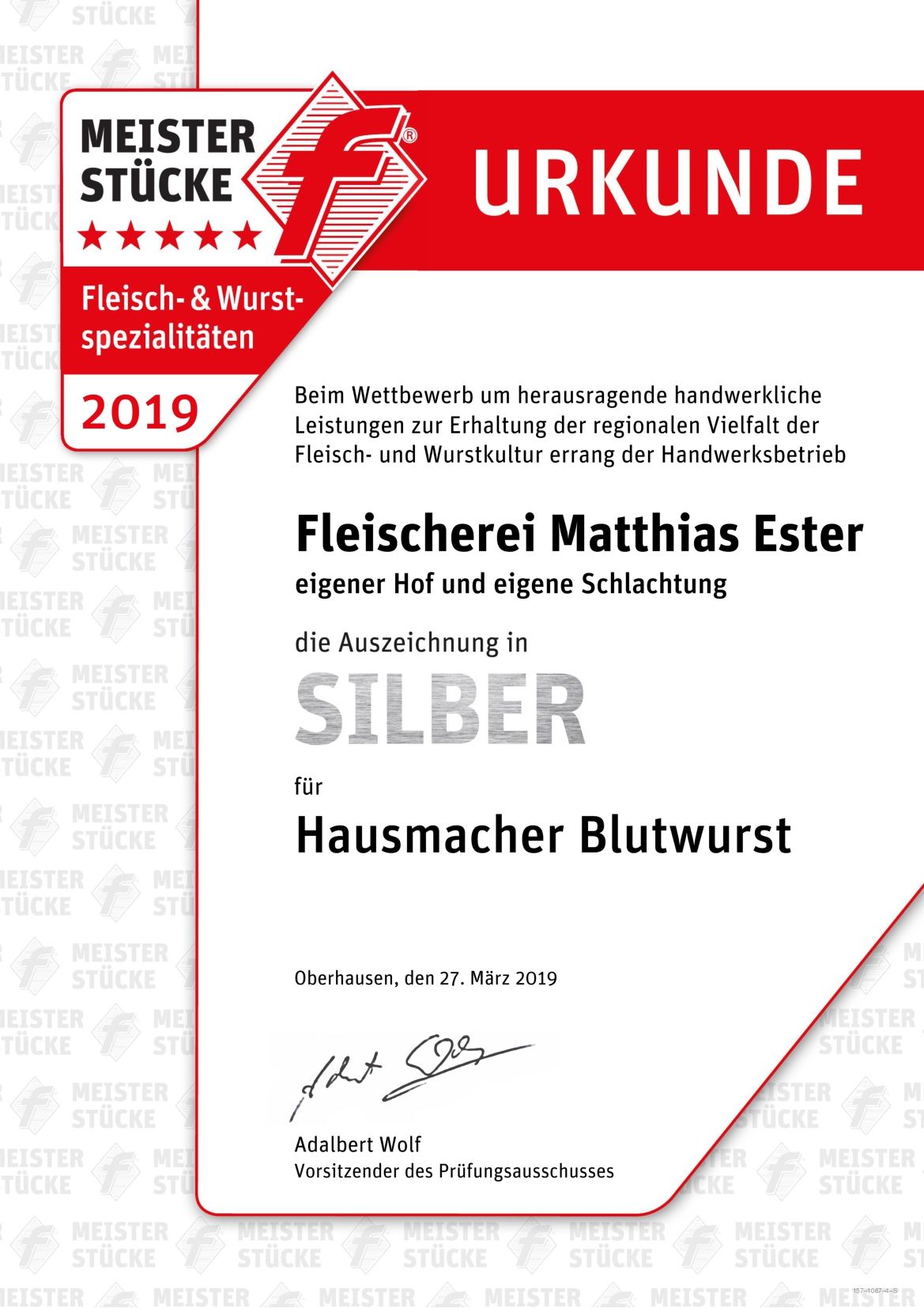 Auszeichnungen Urkunde Meisterstücke 2019 Fleischerei Ester