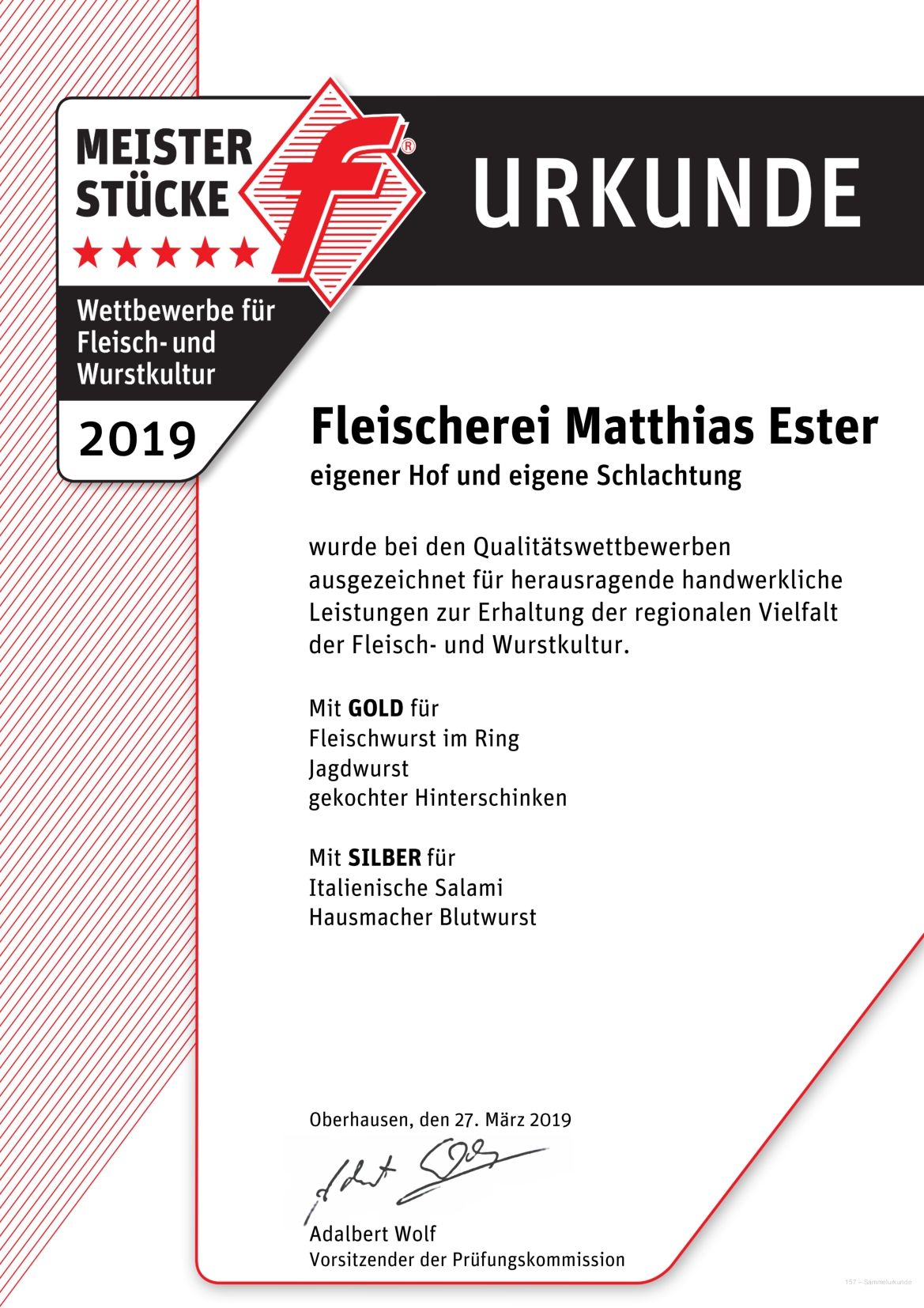 Auszeichnungen Urkunde Meisterstücke 2019 Fleischerei Ester